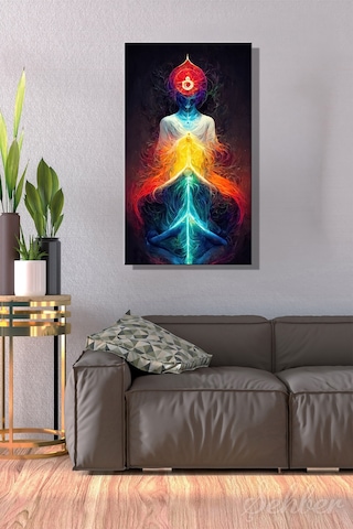 Dekoratif Dikey Kanvas Tablo Tekli Yoga Salonu Ev Ofis Enerji Akışı Çakralara Sahip İnsan Silüeti 2177
