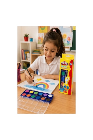 12 Renk Sulu Boya 23mm 1 Paket Play-doh 12 Li Suluboya Fırça Hediyeli Canlı Renkler Kaliteli Yıkanabilir Zararsız Küçük Çok Renkli