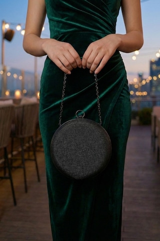 Vivazzaluxe Modern Yuvarlak Model Simli Düğün Nişan Gelin Kadın Abiye Clutch Çanta Siyah