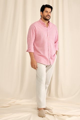 AC&Co / Altınyıldız Classics Erkek FUSYA Comfort Fit Rahat Kesim Düğmeli Yaka Casual Keten Gömlek Fuşya