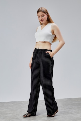 Genius Store Kadın Pantolon Geniş Paça Yüksel Bel Cepli Çizgili Pantolon Çizgili-pantolon Siyah