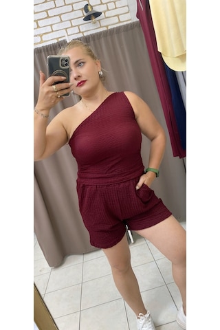 Tuba Toptaş Gofre Şort Lastikli Bel Bordo