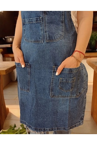 Kot Kumaş Boyundan Askılı Çok Cepli Mutfak Önlüğü Mavi S