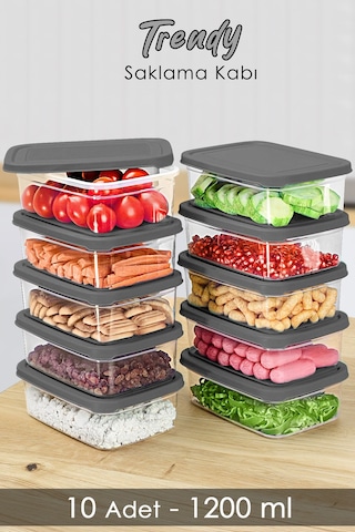 Meleni Home 10 Adet Dikdörtgen Erzak Saklama Kabı Mikrodalgaya Uygun Düzenleyici Organizer 1200 ML Gri