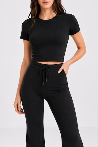 Mixray 2120 Kadın Crop T-shirt Ve Palazzo Pantolon Takım Siyah
