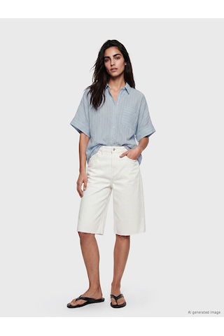 Lcw Vision Mavi Çizgili Oversize Kadın Gömlek