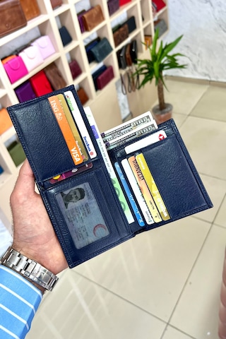 Masjen Lacivert Erkek Hakiki Deri Dikey Kibar Model Cüzdan Lacivert