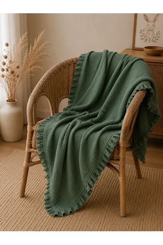 Zümrüt Yeşili Rengi 4 Kat Müslin Fırfırlı Bebek Battaniyesi 100x100