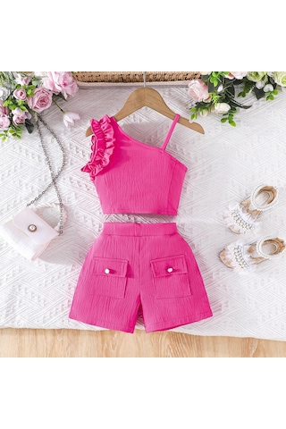 6m-5y Kız Çocuk Giyim Çocuk Yaz Kısa Kollu + Şort İki Parça Kız Çocuk Kısa Kollu Takım Kırmızı