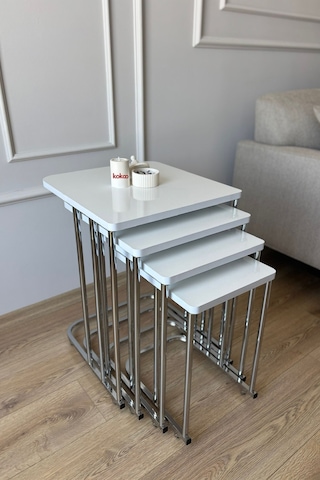 Renlife Zigon Sehpa Takımı 4'lü Metal Tekerlekli Mdf Modern Salon Oturma Odası Sehpası Krom Beyaz