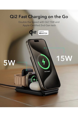 3 In 1 15w Seyahat Şarj Standı iPhone + AirPods + Apple Uyumlu Watch Magsafe Deri Halolock Qi2 Siyah