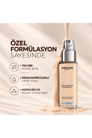 True Match Nemlendirici Likit Fondöten 30 Ml Hyaluronik Asitli, 24 Saat Kalıcı & Terlemeye Dayanıklı Doğal Bitiş 1R1C Rose Ivory