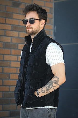 Lordy Örgü Detaylı Cepli Dik Yaka Nova Parlak Kumaş Erkek Şişme Yelek Siyah