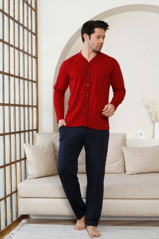 Erkek V Yaka Önden Düğmeli Pamuk Likra Mevsimlik Uzun Kol Cepli Pijama Takımı Bordo