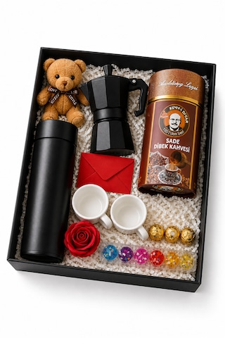 Moka Pot 3 Fincan + Dijital Isı Göstergeli Çelik Termos + Dibek Kahvesi + 6 Lı Mum Kahve Hediye Seti Kadın/ Erkek