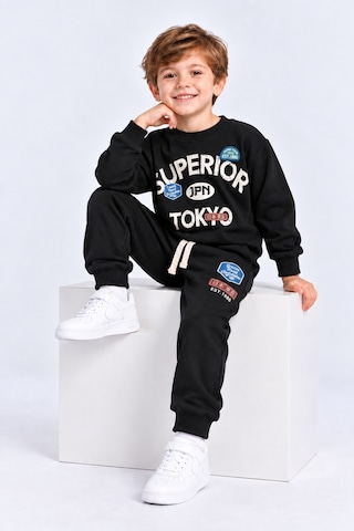 Ahengim Erkek Çocuk Superior Tokyo Baskılı 2 Li Eşofman Takımı Günlük Pamuklu Alt Üst Set Ak116 Siyah