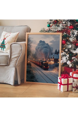 Vintage Noel Duvar Sanatı, Kış Buharlı Tren Tatil Posteri