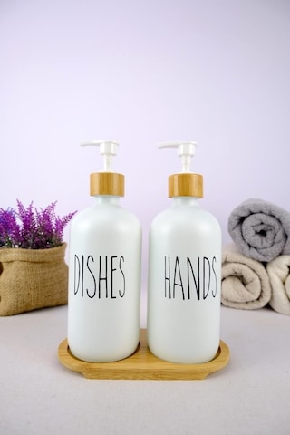 Digithome 2 Li Ahşap Standlı Cam Sıvı Sabun Ve Bulaşık Deterjanı Şişesi Sabunluk Beyaz 500 Ml - G/13 C1-1-289