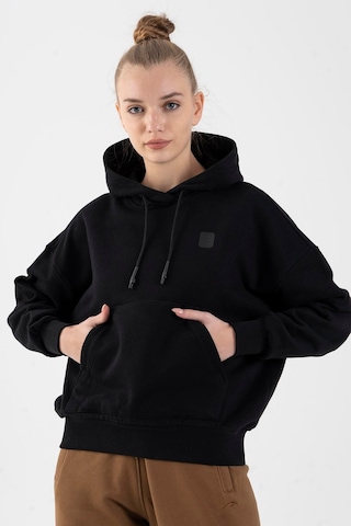 Maraton Oversize Kadın Kapüşonlu Siyah Sweatshirt Siyah