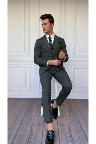 Modefendi Slim Fit İtalyan Kesim İnce Ekose Takım Elbise Gri