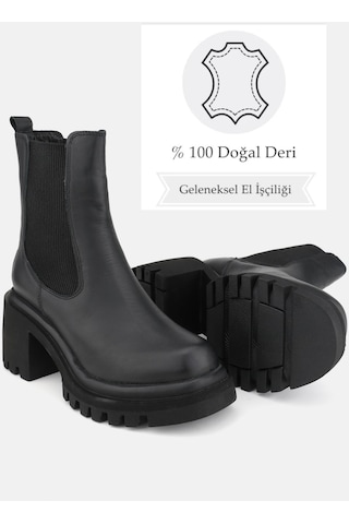 Kadın Siyah Hakiki Deri Chelsea Topuklu Bot & Bootie Siyah