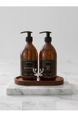 Amber Şişe Sabunluk Cam İkili Şampuan-duş Jeli Banyo Düzenleyici Klasik Gümüş Geyik Ahşap Standlı 500ml