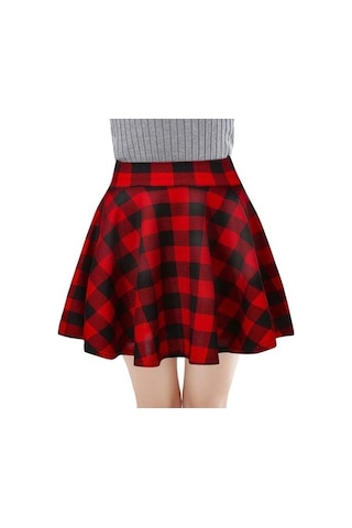 Fastbuy Kadın Mini A-çizgi Yüksek Bel Ekose Baskılı Kısa Etek, Günlük İş Giyimi, Çok Yönlü Kırmızı Kırmızı