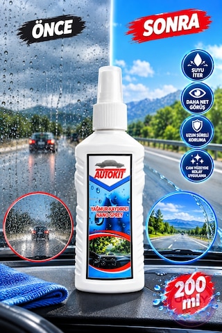 Autokit Nano Yağmur Kaydırıcı Cam Spreyi 200 Ml Su İtici Seramik Kaplama Cam Koruyucu