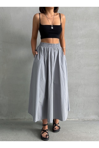 Kadın Beli Lastikli Dokuma Kloş Etek Gri