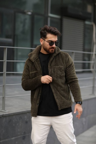 Sr Tekstil Pelüş Ceket Unisex Normal Kalıp Cep Detaylı Koyu Haki
