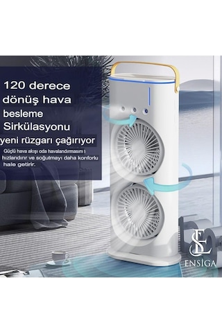 Şarjlı Kumandalı Masa Kamp Ofis Ev Fanı Iki Pervaneli Su Püskürtmeli Serinletici Vantilatör Döner