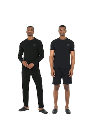D's Damat 4'lü Bisiklet Yaka Erkek Pamuk Pijama Takımı Damat Sandığı Çeyiz Seti Siyah Çok Renkli