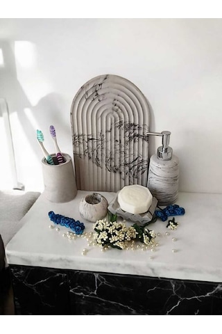 Marble Serisi Antrasit 5 Li Beton Banyo Seti, Sıvı,katı Sabunluk,diş Fırçalık,tepsi,aksesuar,dekor Gri