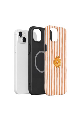 Apple iPhone Uyumlu 15 Vorian Çift Katmanlı Magsafe Kılıf Orange Slice Stripe