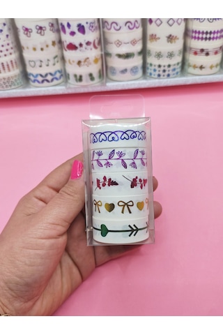 Renkli Yaldızlı Vintage Washi Tape Bant Yapışkanlı Maskeleme Kağıdı 5 Lı - Fiyonk 1