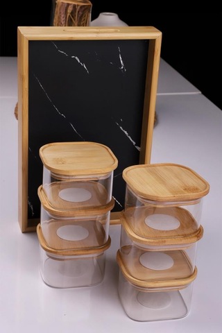 Duo 400ml 6'lı Bambu Siyah Mermer Desen Tepsili Bambu Vakumlu Kapaklı Cam Kahvaltılık Bambu