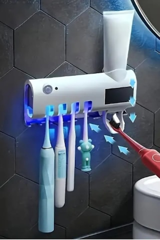 Diş Fırçası Tutacağı Ve Uv Sterilizatörü Diş Fırçası Düzenleyeci Otomatik Diş Macunu Sıkıcı Beyaz