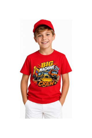 Bayloranzzo Machine Crew Kepçe Kamyon Ekibi %100 Pamuk Premium Kalite Erkek Çocuk Tişörtü Kırmızı