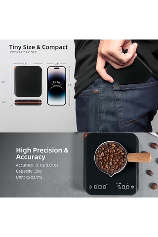 Fortunelane Kahve Terazisi: Hassas Ölçüm, 3 Mod, Entegre Zamanlayıcı, Şarj Pil, Siyah, 2kg Kapasite Siyah