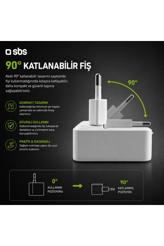 Sbs Flexi 20w Gan Katlanabilir Hızlı Şarj Adaptörü Usb-c Pd 20w + Usb-a Afc 18w Çift Çıkış Beyaz