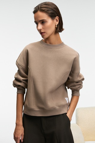 Grımelange Serenya Kadın Pamuklu Etiket Detaylı Bisiklet Yaka Vizon Sweatshirt Vizon