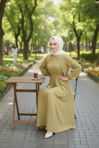 Stilkusagi Kadın Zeytin Yeşili Yanları Fırfırlı Beli Lastikli Modal Uzun Elbise