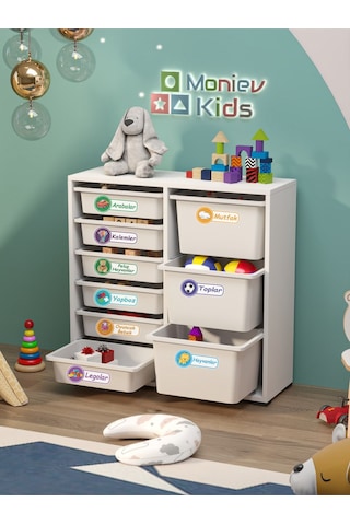 Beyza 9 Sepet Stickerlı Çok Amaçlı Dolap Oyuncak Dolabı Beyaz Beyaz