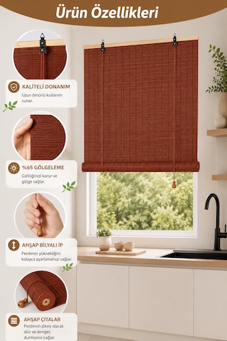 Ahşap Doğal Bambu Katlamalı Stor Perde Güneş Kırıcı Dekoratif Bahçe Balkon Ev Pencere Güneşlik Koyu Kahverengi