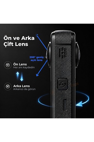 X5 Pro 360 Derece Aksiyon Kamera 4k Çift Lensli 2 X 200 Geniş Açı Ips Ekranlı Panoramik Mavi