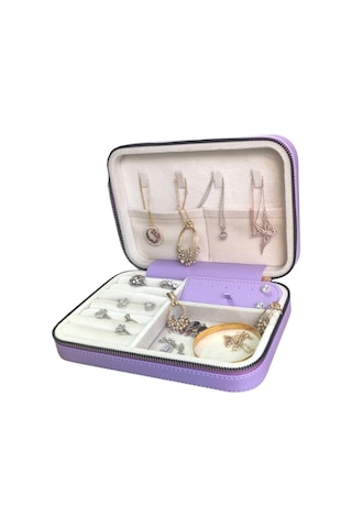 Özer Kutu Fermuarlı Deri Ahşap Kasalı Büyük Boy Takı Seyahat Ve Mücevher Çantası Kutusu Lila 14 x 21