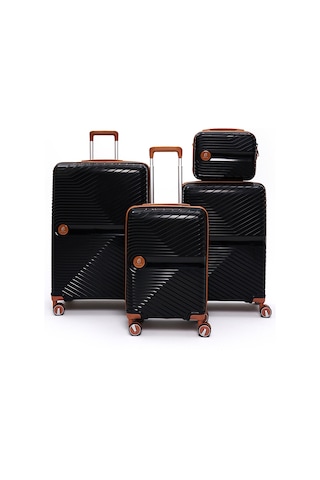 4 Lü Valiz Seti Elatae Exclusive Pro Polipropilen Kırılmaz Büyük - Orta - Kabin Boy Ve Makyaj Siyah - Camel 5239