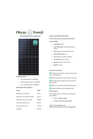 Okyay Enerji 620w Topcon Bifacal Monokristal Yüksek Teknoloji Güneş Paneli