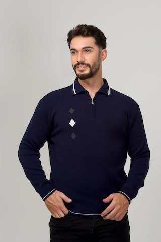 Kamalı Erkek Çelik Örgü Intarsia Gofra Desen Fermuarlı Polo Yaka Tüylenmez Premium Triko Kışlık Baba Kazak Lacivert