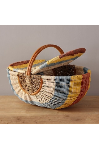Bohem Large Boy Renkli Piknik Sepeti, Brunch Sepeti, Dekoratif Sepet, Iskandinav, Modern, Rattan